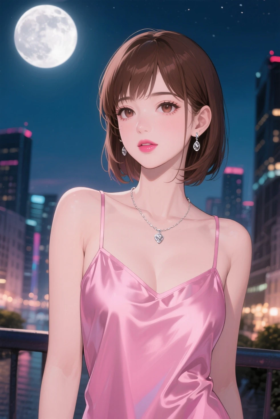 8K, Masterpiece, RAW photo, Best quality, detail:1.2),Photorealistic, Extremely detailed Cg Unity 8K wallpaper, Depth of field, Cinematic light, Lens flare, Ray tracing,
(Extremely beautiful face, Beautiful lips, Beautiful eyes), intricate detail face, ((ultra detailed skin)) 1girll, In the dark, deepshadow,
Pretty Korean girl, Kpop idol,(Very slim and slender muscular body:1.3), ((view the viewer)),(Big smile), (bodycon minidress),(Pink dress), (Injection sleeve) , (City Night, (neon lights sign), (Night), Pretty Korean girl, Earrings, bangle, necklace, Pantyhose, Clear eyes, Walking , (Pale skin), Face forward, (Big eyes), ((upperbody shots)), tightly dress, Silk dress , Turn Back, Back shot, Very slim, slander