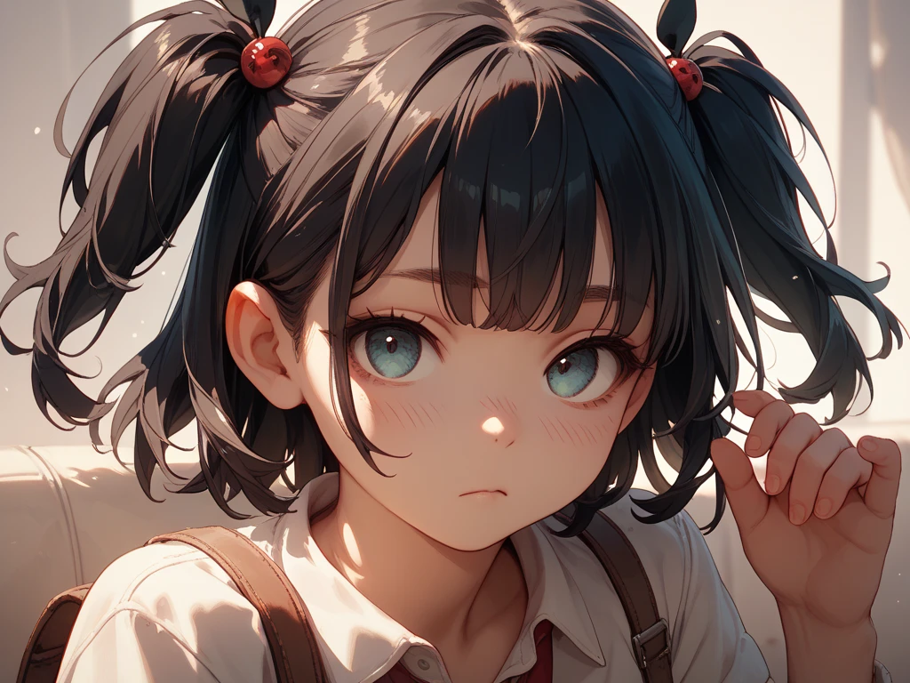 a little lovely  girl，Combing two small ponytails，Super cute little round face，largeeyes，delicate and thin eyebrows