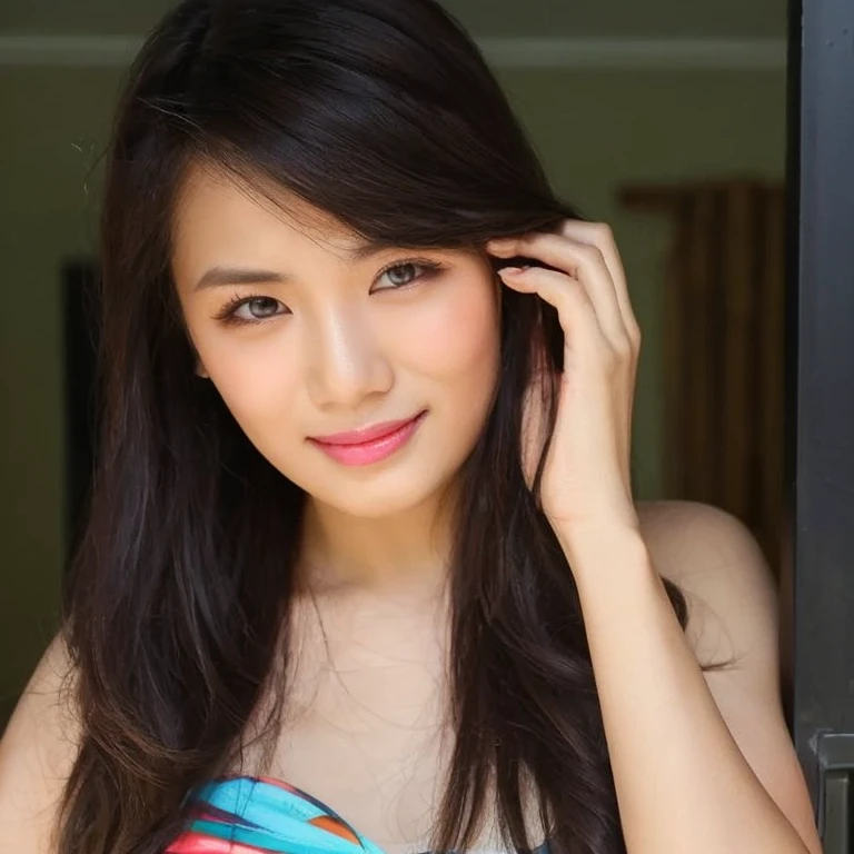 best quality,realistic,knee to top, beautiful detailed eyes,beautiful detailed lips,extremely detailed eyes and face,long eyelashes,professional,vivid colors,soft lighting,hospitable smile,caregiving attitude,kind eyes,long brunette hair,small breast,happy and friendly expression, looking at me smiling Gorgeous woman, looking forward seductively, nude, looking up at me