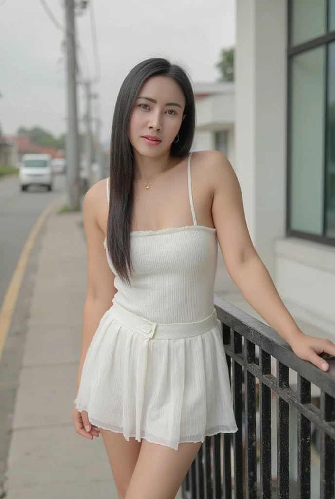 photo of a chubby tan skinned, indonesian female model, black hair, wearing a dress, posing like a model in the hotel balcony, medium length hair, medium hair, UHD, masterpiece, high quality, best quality, highres, retina, textured skin