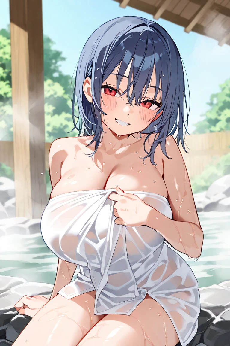 solo, SHUN_SC, BLUE HAIR, BROWN EYES,, empty eyes , large breasts, nipple, Running, , Heavy snowfall area frozen wet crying mountain Alone, crying, Naked, solo, 1girl, Peeing, lactation, projectile lactation