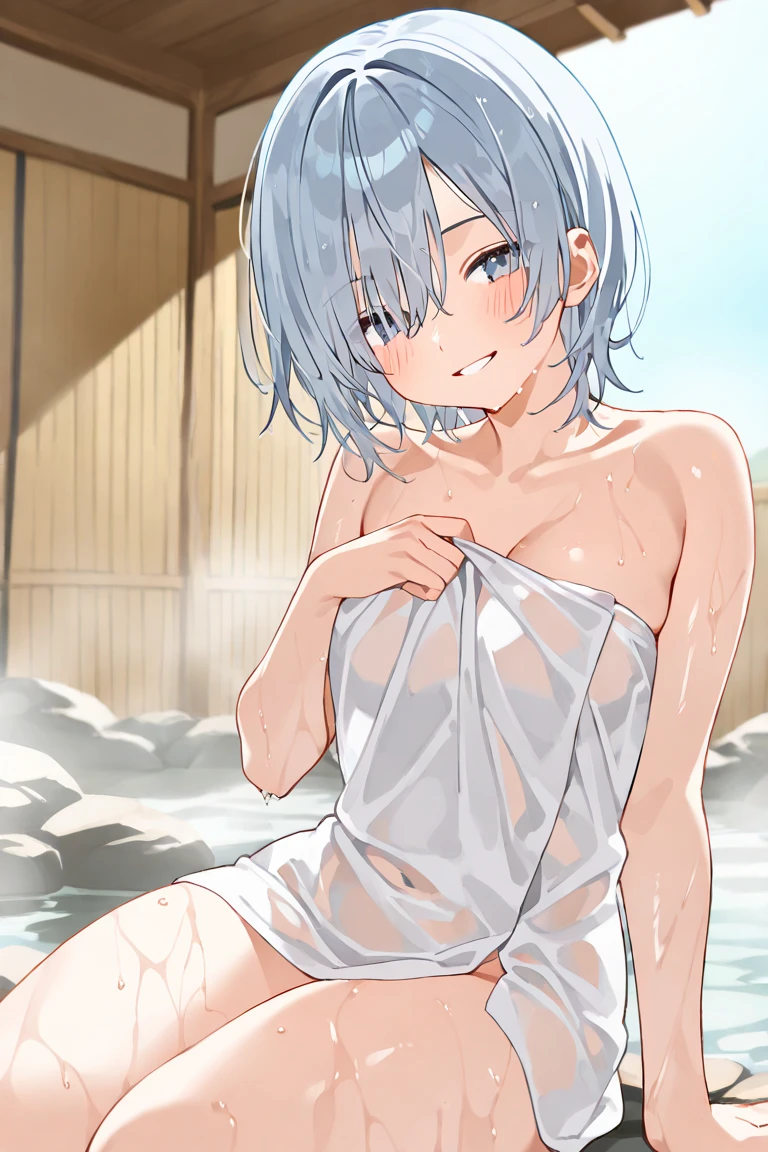 anime, (destiny\),View your viewers, towel , Sweat, blush, See-through,nsfw,Cowboy Shot, Are standing, Hot spring scenery, vapor, Night Sky,