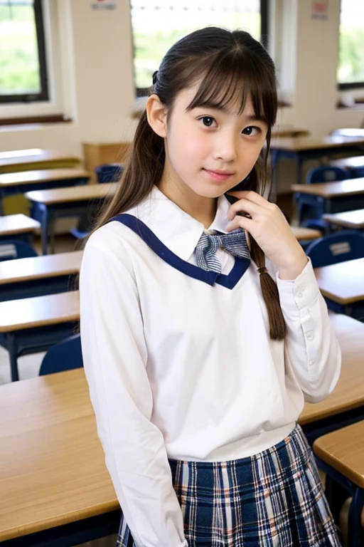 ((masterpiece)), japanese, (a girl), (18 years old), (((school uniform))), smiling, indoor, dark blue knit vest, thighs,
