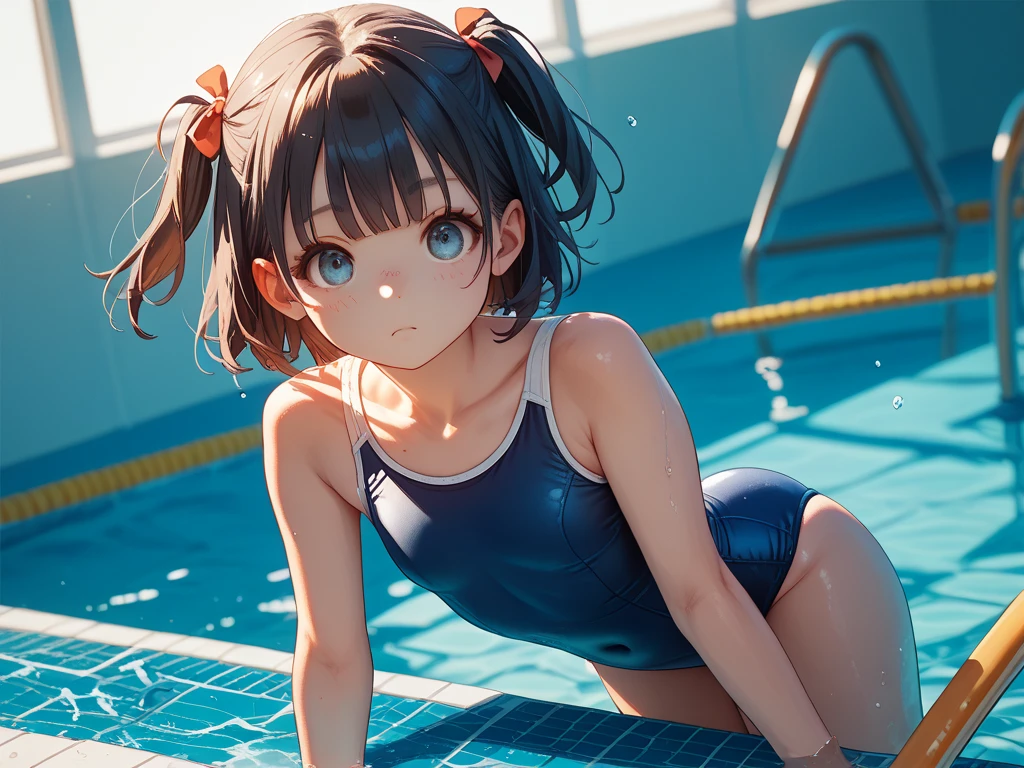 best picture quality, 8K, high quality, masterpiece:1.2), ((masterpiece)), (high detail, high quality, best picture quality), bokeh, DOF, Portrait, open stance, (cute illustration:1.2), (small size breast), inside poolside, sunny days, full body, sitting, beautiful light, (girls with various fancy hair color and hair style:1.3), (dark navy school swimsuit,), cute face girl, sexy, smile, armpits, bun hairstyle,