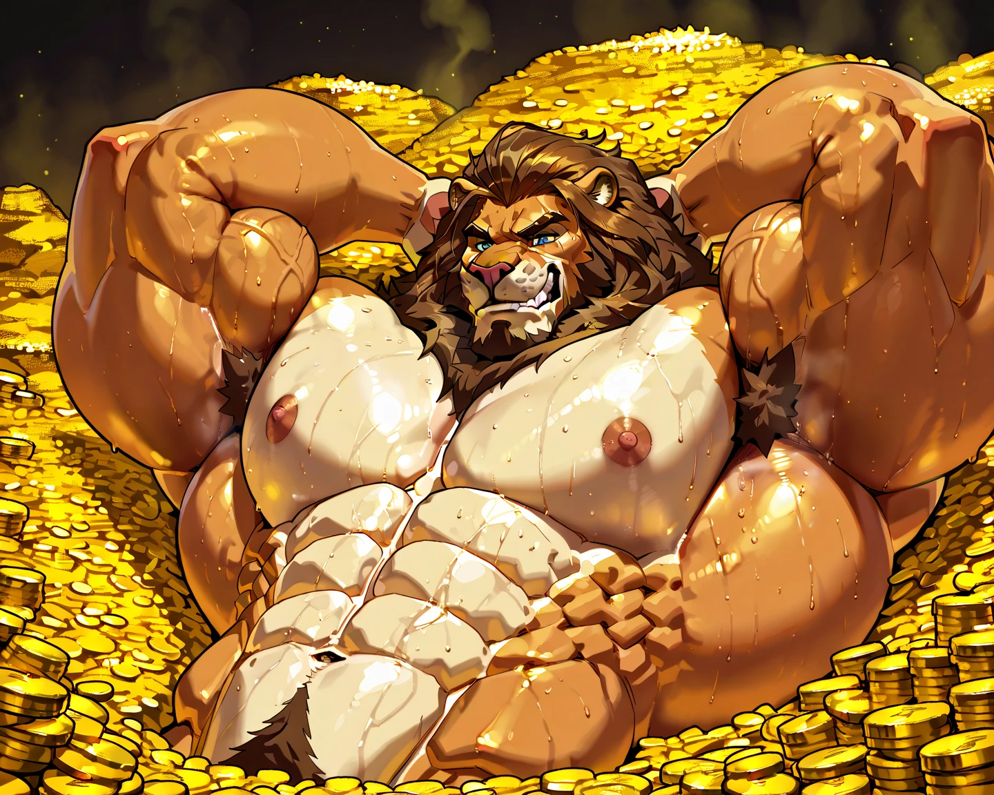 Pile of gold bars, gold coins and some cash bills around a giant realistic fortune cat
