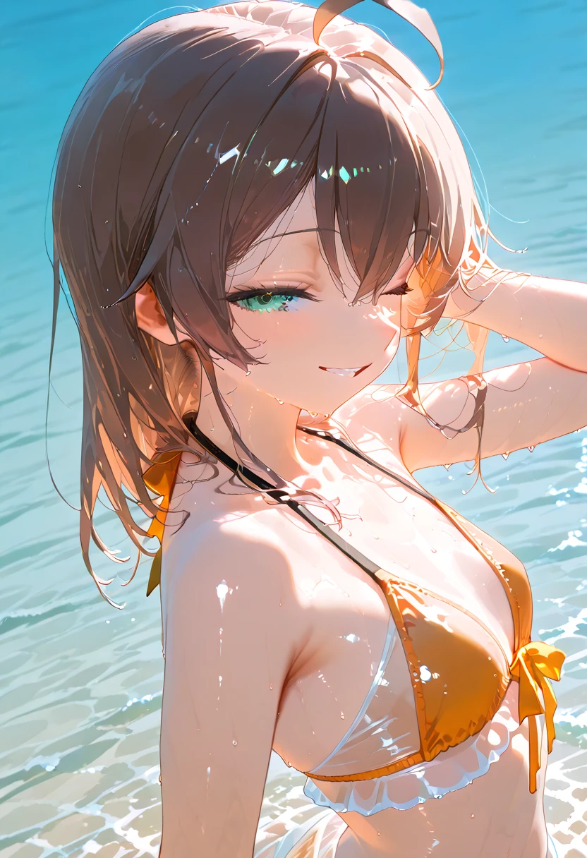 ((Masterpiece)), ((best quality)), (super detail:1.2), (High Definition:1.3), (Professional Photography:1.2), from below, (wide shot), (sharp focus), (perfect light), ((12 years old)), Textured skin, cinematic lighting, cute teenage girl, ((small breast)), (Healthy slim body), (embroidery bikini top), pale brown hair, (silky medium hair), (loose blunt bangs), ((glossy lips)), (put on cat ears), ((Naughty smile)), 1girl, solo, perfect anatomy, BREAK, ((best quality)), (super detail:1.2), ((beautiful emerald colored eyes)), loose Saluting, (sitting on the lawn), View of the sea, shimmering surface of the sea,