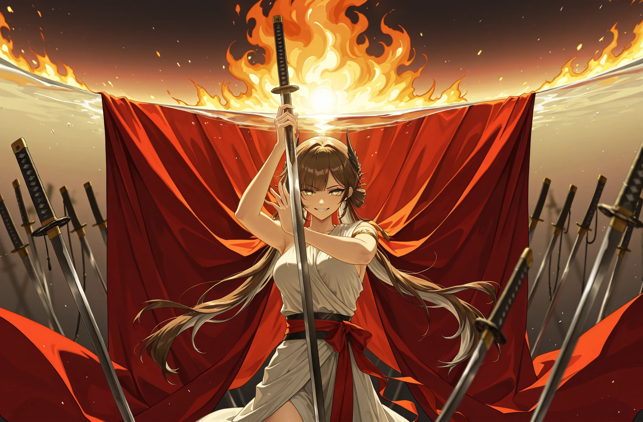 style of [arknights|(748cmstyle:0.88)], god rays, cinematic shot, masterpiece, best quality, amazing quality, very aesthetic, high resolution, ultra-detailed, absurdres, (hands:-0.15), (1girl, mature woman, female:0.95), solo, alone,(dynamic pose, upper body focus, dutch angle, three quarter view, face focus, cowboy shot:1.2) ,(Sushang, Sus_Def:0.63), brown hair, silver hair, long hair, twin tails, hair ornaments, bows, heavy Chinese weapon, Chinese style greatsword, Chinese katana, Chinese swords, high guard, holding weapon high, grin, smirk, playful eyes, (greco roman clothes, sash, toga, greek clothes:1.22), glass ocean, half submerged, burning sea, red sharp cape, draped cloth over weapon, golden eyes, silver eyes, (translucent hair:1.55), novuschroma79 style, glitch art photo
BREAK, depth of field, volumetric lighting
 