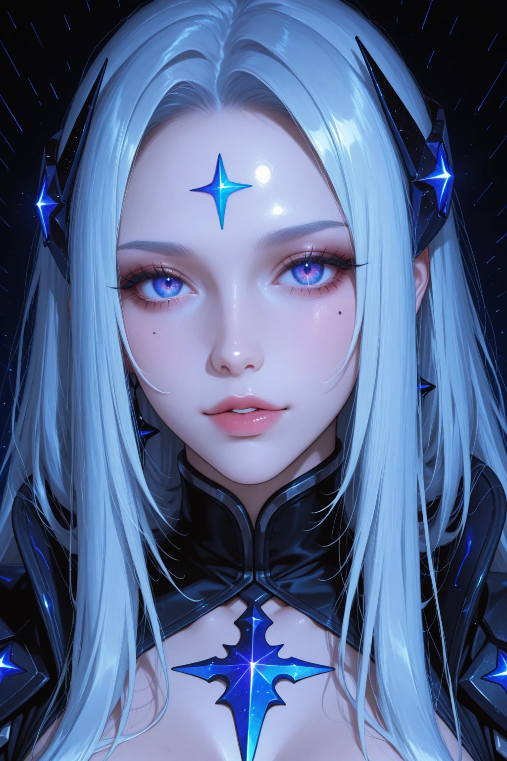 a girl with white hair and blue eyes, in the style of dark purple and light pink, anime-inspired portraits, hyper-detailed artwork, 8k resolution, long hair, blue eyes, forehead mark, facial mark, portrait, closed mouth, eyelashes, makeup, grey hair, bangs, parted bangs, close-up(eye arts:0.7)(eyes arts:0.7)(uhd 4k eye:0.7)