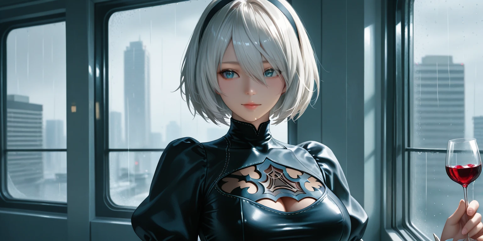 20th generation,1 woman,anime,cool beauty,silver hair,beautiful face,sharp outline,feminine eyebrows,whole body,medium long hiar,city of ruins,YoRHa unit clothing,Slash with a sword,medium chest