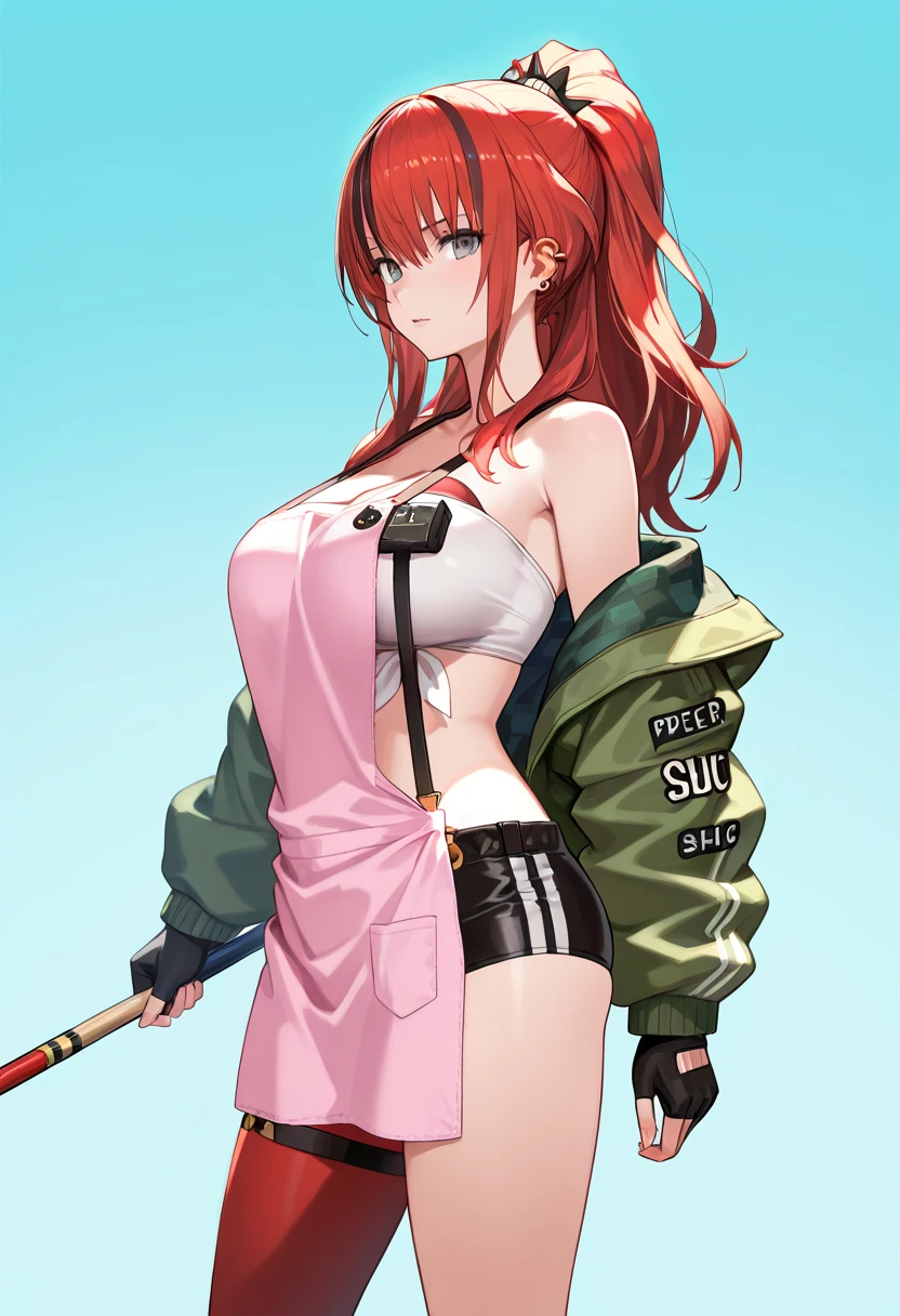 A ravishing redhead, statuesque and toned, stands tall, her piercingly bright, mystically glowing eyes fixed on the viewer. She confidently strides forward, sword in right hand and gun in left, wearing a revealing leather and cloth corset with very short shorts. Her long hair flows in a thick braid down her back, framing her radiant face. Freckles dot her cheeks as she blushes, her décolletage visible above the high leather boots that showcase her toned thighs. A statistics box hangs at the bottom left corner of the frame, below the status bar, as our heroine walks towards us, surrounded by a simple background and highlighting her sideboobs.