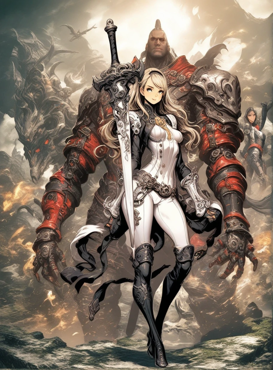 ((best quality)), ((masterpiece)), (detailed), 1girl, 8k_wallpaper, extremely detailed eyes, extremely detailed body, (large masterpiece digital art), ((perfect anatomy huge chest)), (intricate details:1.3 ), (ultra-detailed:1.3), (sharp focus:1.3), (natural lighting:1.05), (vivid colors:1.3), (best quality:1.4), high quality, expressive eyes, full body, tall girl, detailed face, beautiful face, perfect face, detailed ((blonde hair)), (gold eyes), ((large big red and blue horns)), {{dark skin}}, ({dark skinned female}), gigantic breasts, thick thighs, strong arm and leg muscles, strong abdominal muscles, Monster women, Korean women, wearing a modern short black cloth jacket with rolled up sleeves, (wearing heavy gold colored steel cyberpunk armor), a wide red leather belt with blue steel yarn, steel boots, steel thigh guards, a military radio hangs on her belt, a biker girl, she rides on another planet along a lilac field against the backdrop of a blue desert and high red mountains,