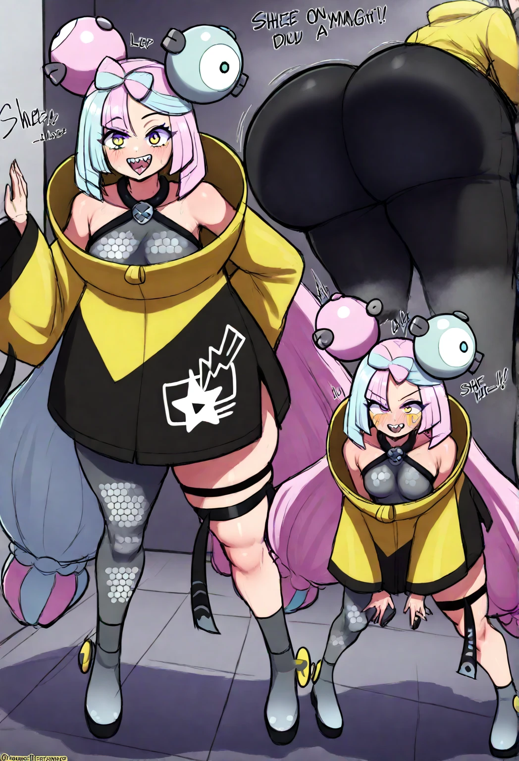 (((1female))), ciel_megamanz, ((blonde hair, default hair)), ((pink outfit, default outfit)), skinny body, huge breasts, farting, massive fart, velocity, embarrassed, bending over, leaning, wide open eyes, smiling, clenching teeth, viewing ass, basement