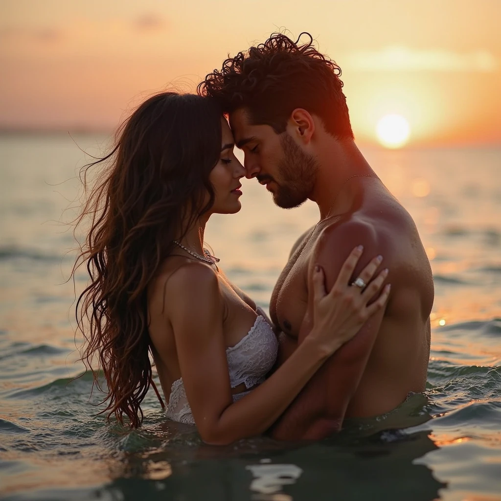 A distant view of two people kissing. A man with wet black hair, grey eyes, seductive look, full lips, tattoos y piercings besa a una mujer delicada con rostro de modelo, diamond-shaped eyes, Blue-gray, black eye shadow, seductive look, long black hair. with pink and white streaks, partition wall, earrings, tattoos, On a beach at sunset, naked in the water, making love. 