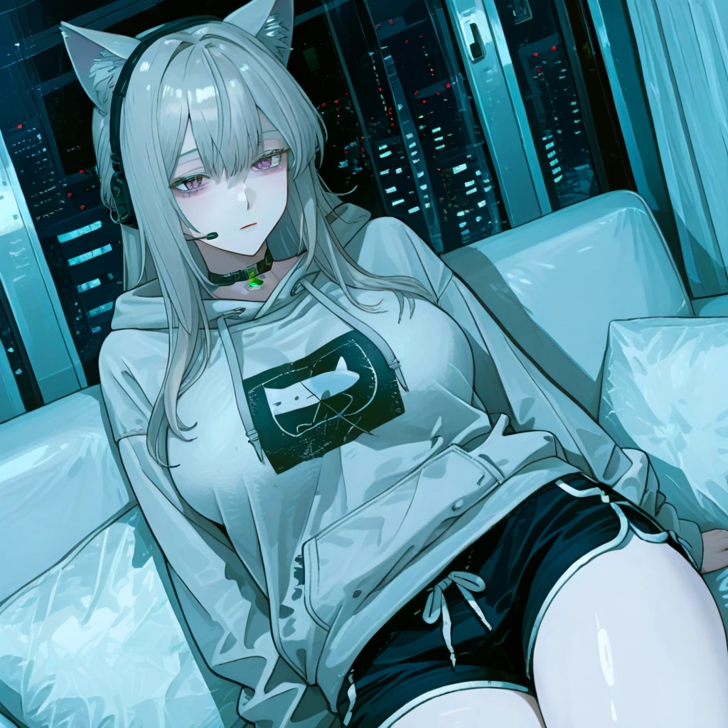 (masterpiece, top quality, best quality, official art, beautiful and aesthetic:1.2), (1girl), extreme detailed,(fractal art:1.3),colorful,highest detailed, masterpiece, Best Quality, Colorful, Teenager with white hair, (((messy hairstyle))), 1 girl, light blue slant eyes, fangs, touching translucent panels, In dark voids filled with small intense particles of light, ((((white tracksuit, white shorts, barefoot)))), playing games, (((holding game controller, gamepad))), (((sitting on a gaming chair and holding one knee))), streamer, many computer screens, monitors, cyber, Dramatic viewing angles, Dynamic Pose, (Close-up of face focus:1.2), wearing cat ear headphones, Contrasty, color combination, Bright, depth of field, High resolution, Extremely complex details, Dramatic shadows, Global Illumination
