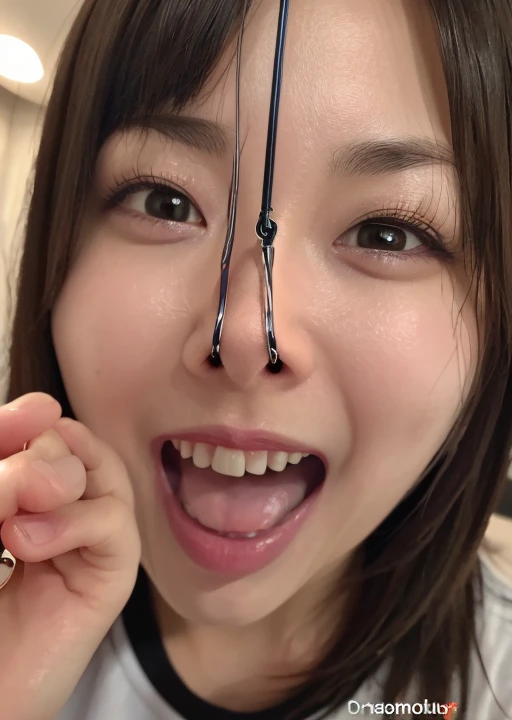 Tabletop,,Awards - Winning Photos, Very detailed, Face close-up、Keep your eyes focused, Nose and mouth,Face Focus, Woman with open mouth and closed eyes, Face Focusの接写、Age 35,Black-haired、Symmetrical face,Realistic nostrils、Angle from below、Elongated C-shaped nostrils、Sweaty skin、Skin shiny with sweatを強調する照明、((Sharp Nose))Skin shiny with sweat、Shiny skin、Big eyes、double eyelid、(My tongue is wet and shiny) ((Wet tongue)) ((Berokisu))garden,In front of the mimosa flowers,Bandage on right hand