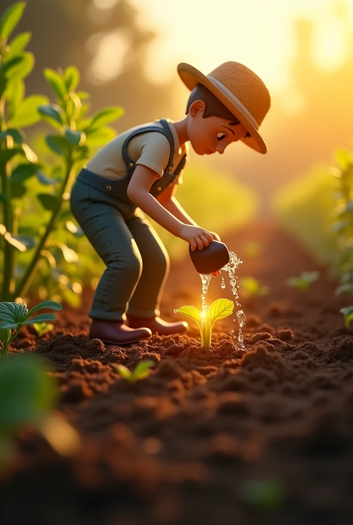 **Visual Elements:**
1. **Main Character/Subject:** A person (or child) working hard, perhaps sweating while doing some manual labor or studying intently.
2. **Background:** A contrast between a challenging environment (e.g., a rough, barren field or a cluttered desk) and a brighter, more prosperous outcome (like a lush garden or a trophy/achievemen