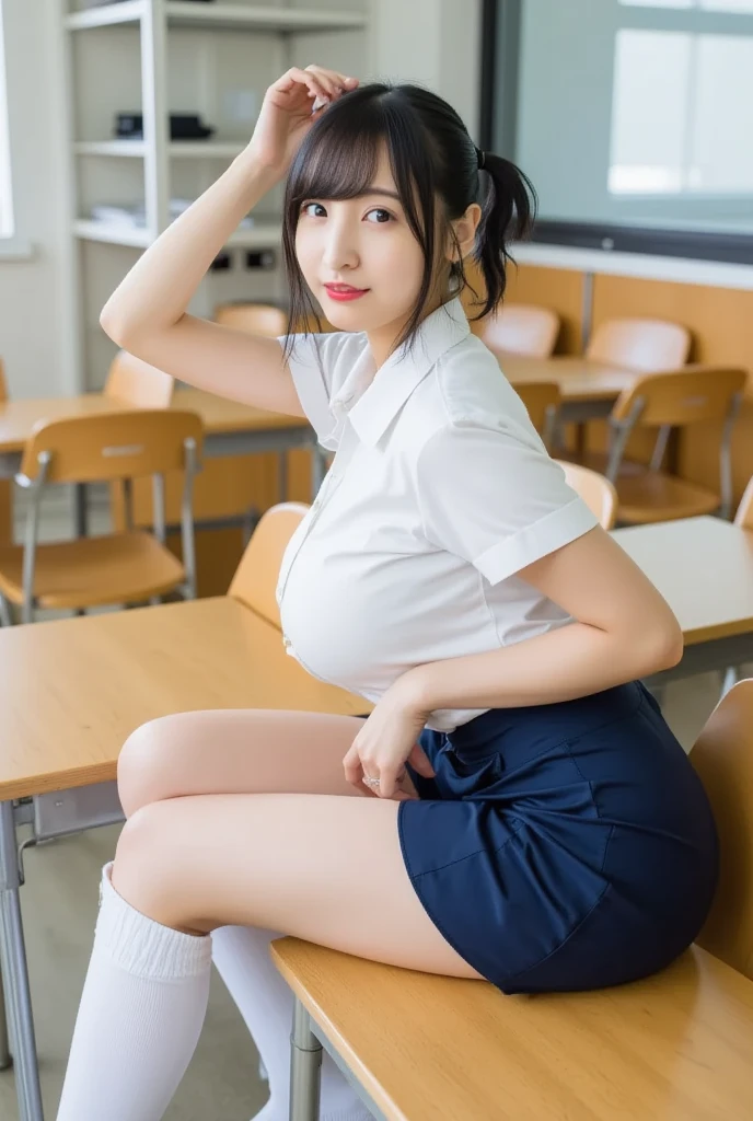 Best Quality, japanaese girl, 8K, Raw photo, top-notch quality, 1 beautiful Japanese girl, 18 years old,Japanese Idol, gals、Short-cut hairstyles、Tempting smile、Fluttering chest、large full breasts、Cleavage of、Emphasize、Overflow from uniform、Large breasts, (sitting on the desk:1.1), (School uniform), (Spread legs:1.2),
(School classroom background:1.1)、