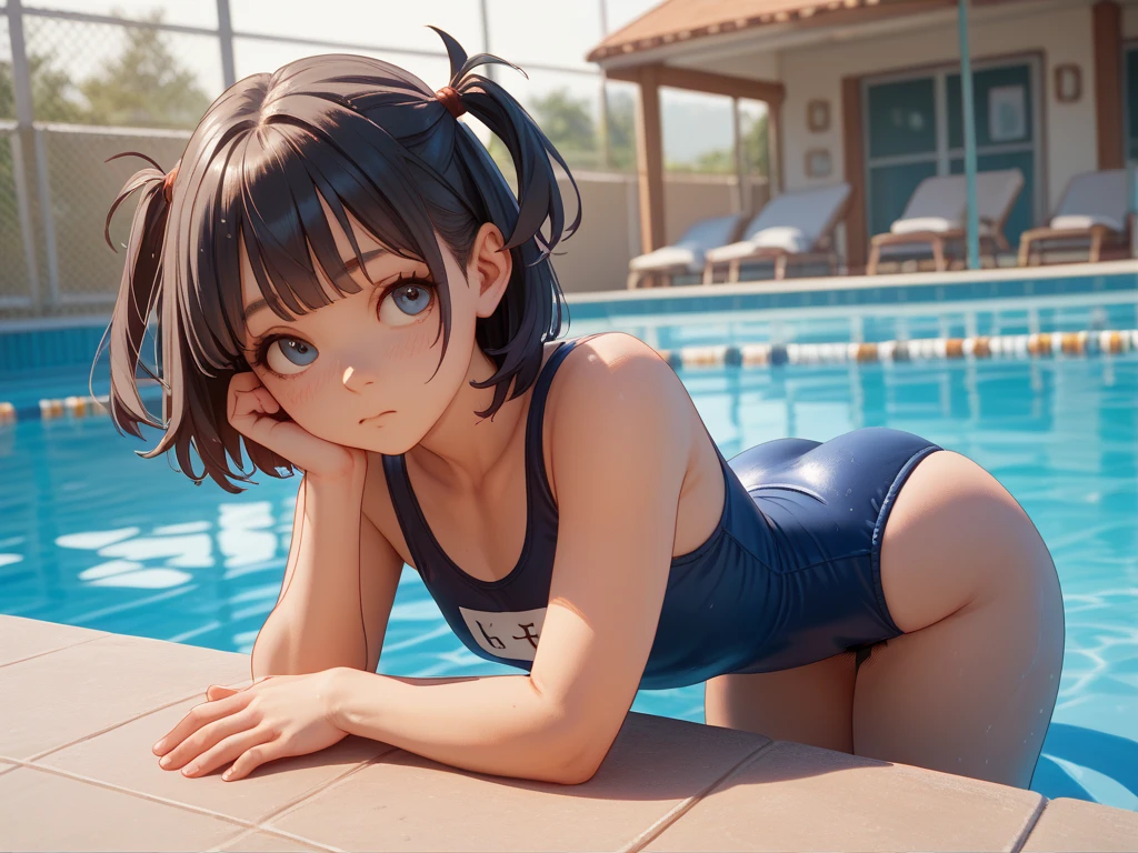 (masterpiece, best quality:1.2), (((anime style))), solo, 1girl,(delicate eyes and face), (open forehead:1.2), (dark brown hair), ((midium long,ponytail hair)), bashful, large breasts, looking at viewer, (full-face blush), embarrassed, BREAK, top-quality、Full limbs、complete fingers、Slender beauty、White knee-high、white school swim suit、Expression of distress、Pained face、Recurve the body、wriggling the body, Wet texture, reinopool, pool, indoors