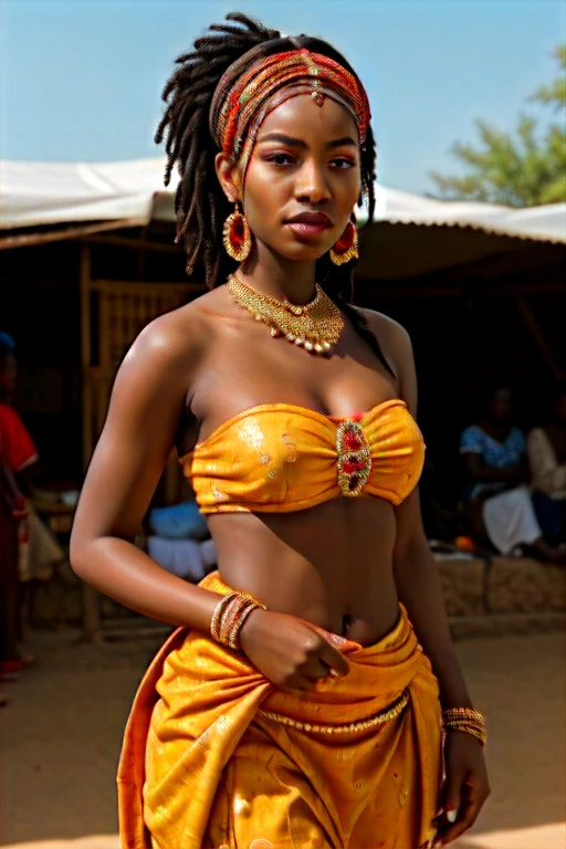 Young woman of African origin in a typical African setting, smiling happily at the camera, com pessoas locais ao redor, everyone looking at the camera. Highly realistic representation