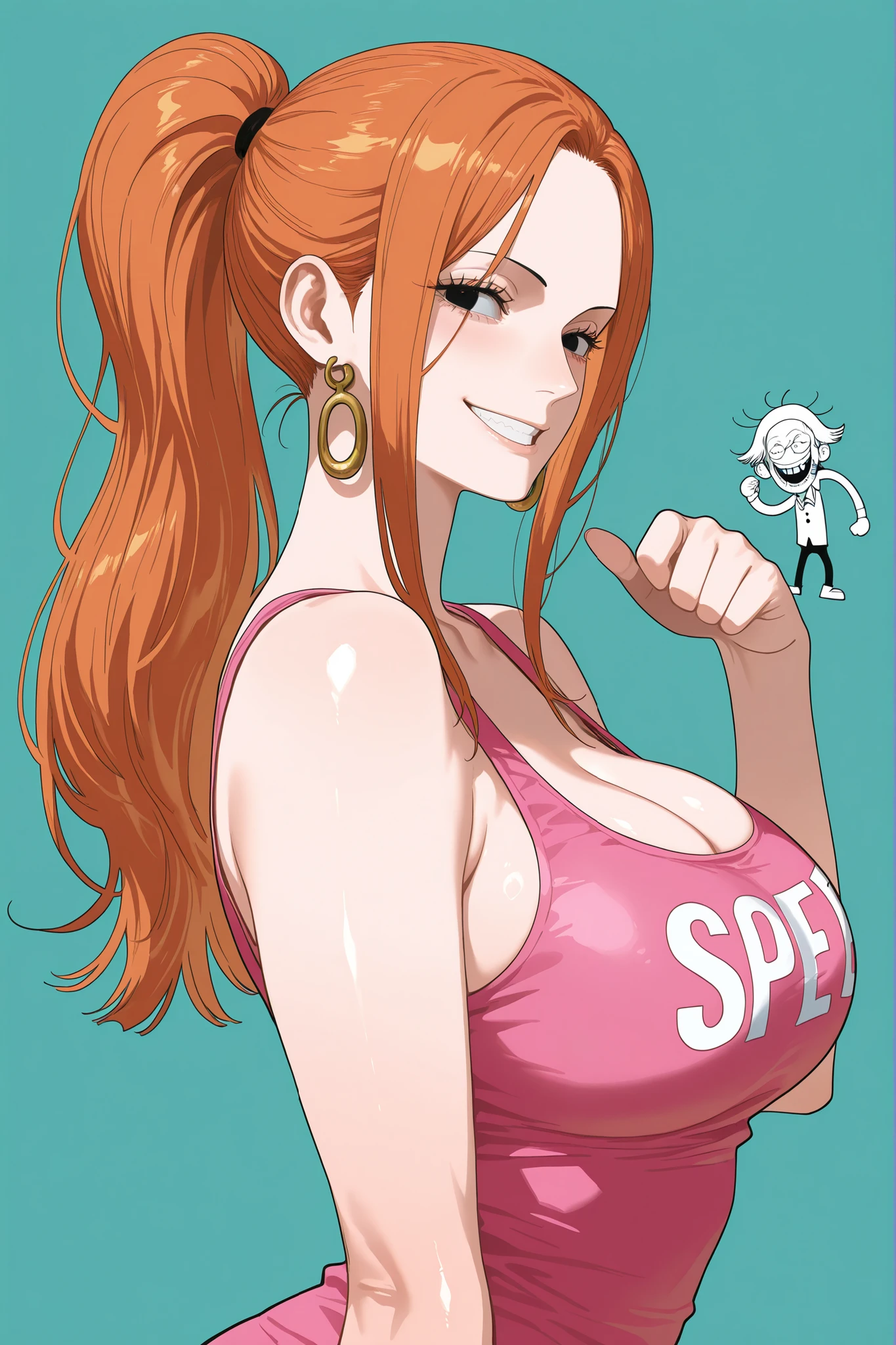 a cartoon picture of a woman in a bikini top and jeans, nami one piece, nami from one piece, nami, beautiful portrait of nami, from one piece, oppai, blue eyes, smoking, ponytail