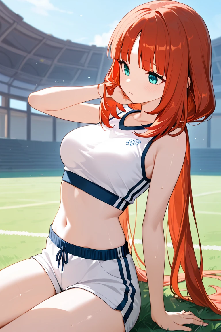 nsfw, masterpiece, 1 girl, ((topless)), intricately detailed, navel, necklace, sweaty, orange hair, spats, smiling, extremely detailed, photorealistic, octane render, 8 k, unreal engine., bare breasts, bare stomach, beautiful face, small breasts, ((flat chest)), silence_suzuka \(umamusume\), stretching, horse ear, horse tail, bare shoulders, nipples, nude, different pose, open mouth, blushing, racetrack, people on background, oval field, track and field