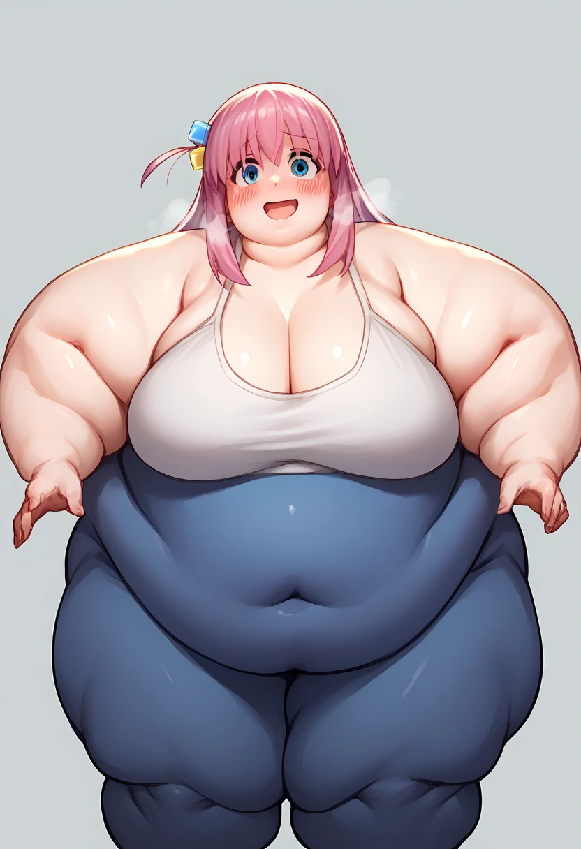 Cream the rabbit, 8  girl, ((morbidly obese)), (((very fat face))), ((double chin)), huge belly, wide hips, huge butt, crop top, back view, white panties, standing on scale, worried, looking at belly, holding belly