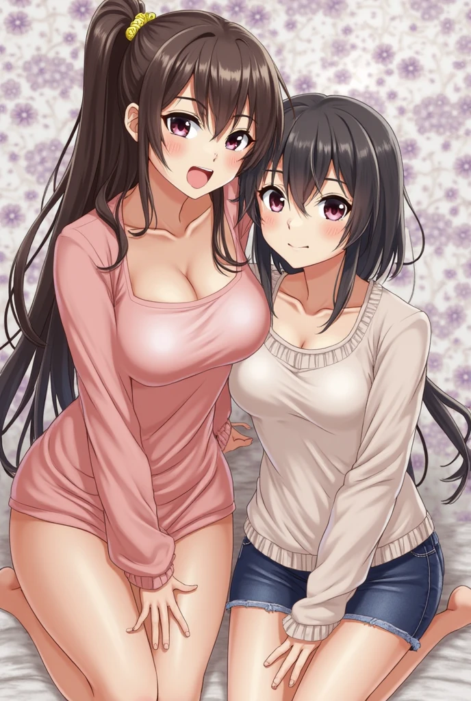 1girl,solo,yuuki mikan,, ,brown hair,, ,1girl,,,medium breasts,,,,cowboy shot,smile,(spoken heart),simple background,grey background,looking viewer,hoodie,panties,cowboy shot,bare legs,(lovey,cute),standing,,arms behind back,closed mouth,shy,sweating