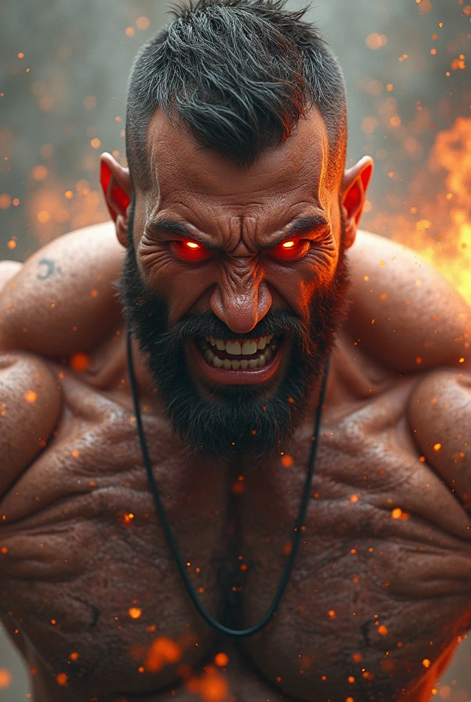 1 men, expression of fury, veins dilating throughout the body, wearing no shirt, detailed strong body, eyes glowing bright red, black sclera, red and warm iris, battle pose, high resolution, best qualityer, High details, Textured skin, HD Model, 