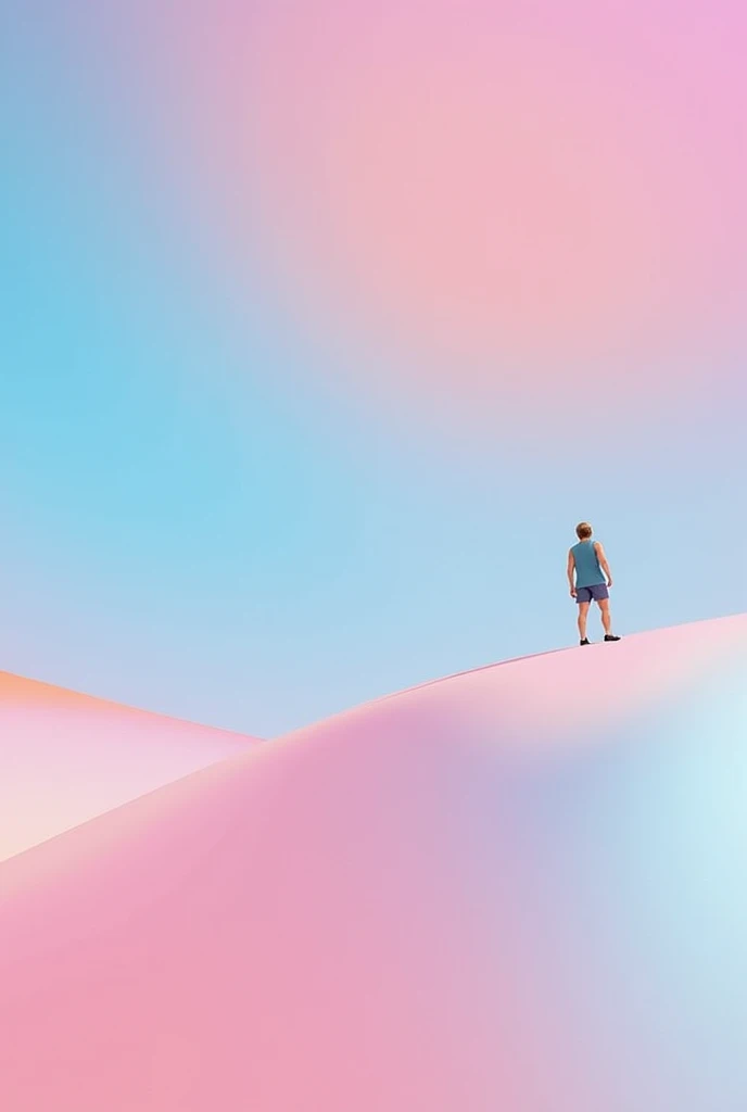 Fluid materials, film shooting, pink desert, Klein blue sky, contrasting colors, contrasting colors, a person standing on the desert, high-resolution photos taken in a surreal and ultra-detailed film style, surreal