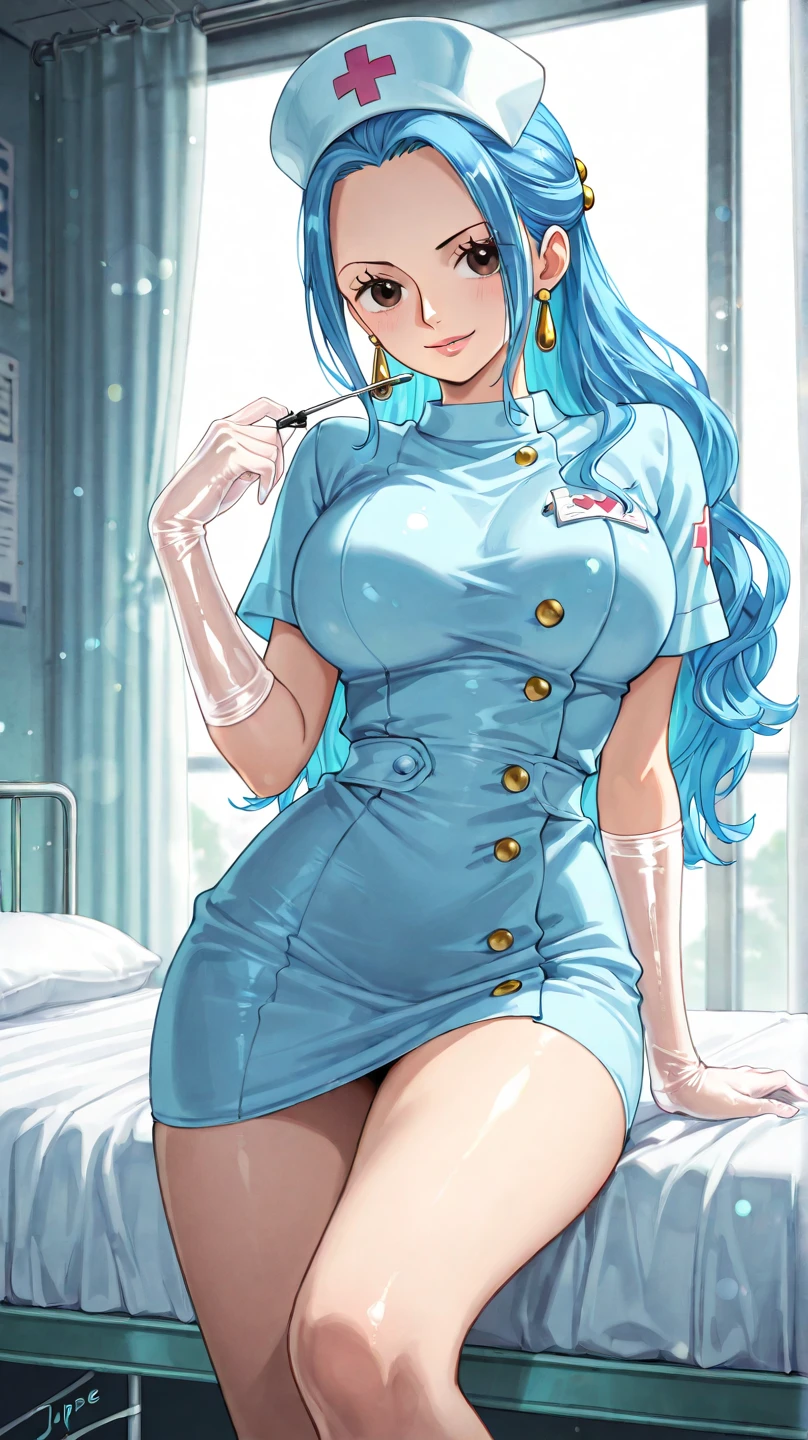 Masterpiece, raw, beautiful art, professional artist, 8k, art style by sciamano240, very detailed face, very detailed hair, 2girls, perfectly drawn body, beautiful face, long hair, light blue hair , very detailed blue eyes, pouty lips , rosey cheeks, intricate details in eyes, playful smile, looking directly at viewer , in love with viewer expression, wedding ring , lipstick, very close up on face, sunny day, hospital room, wearing nurse uniform, legware,
