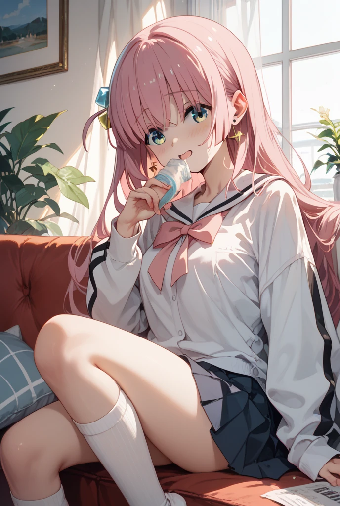Highest quality、masterpiece、beautiful、Detailed、Age: 18、classroom、dynamic pose、sit astride、open legs、in heat、covered erectile nipples、Taking a bite of melting soft serve ice cream、(Cream on thighs:1.4)、cream on スカート、wearing スカート