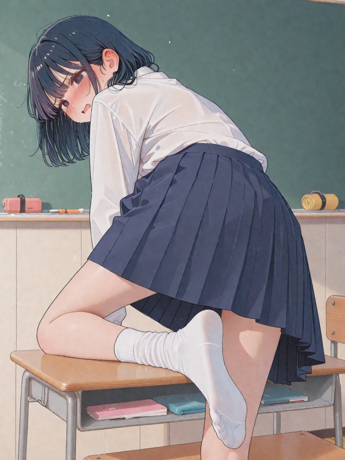 A girl with her hands on a desk at school,From directly behind,Low - Angle,Panties in full view,Absolute area