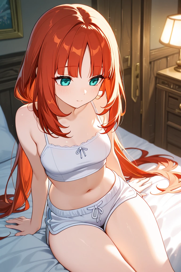 Beautiful girl, one, anime, ginger, bed, girlfriend, tank top, panties, laying down, happy, medium sized tits