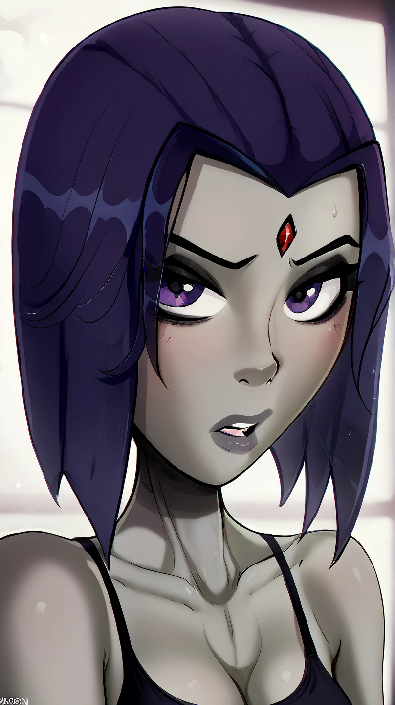 Raven, Teen Titans Raven, on all fours, slender slim body, skinny waist, arched back, pale grey skin, red gemstone in the centre of her forehead, looking at viewer, seductive, (realistic), (masterpiece), (highly detailed face), thick eyebrows, big juicy purple lips, lip filler, cheekbones, defined face, sharp nose, attractive