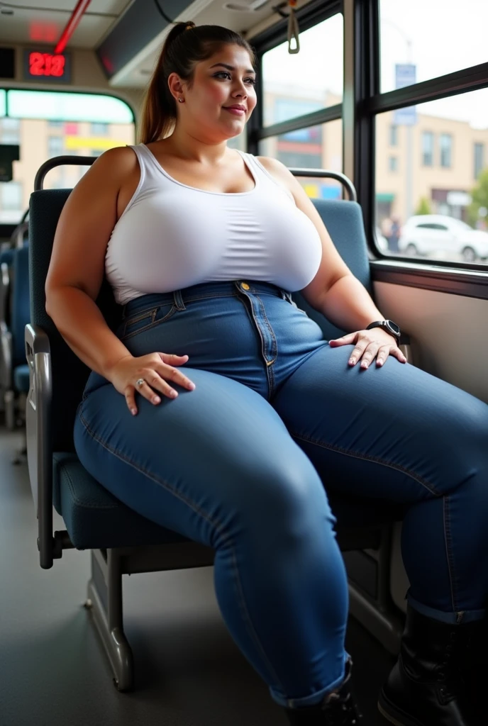 1 beautiful woman, big body, long hair, brown hair, BLUE SHIRT, thermal black jacket, blue jeans, black wallet, white sneakers, open mouth, asleep on the bus.