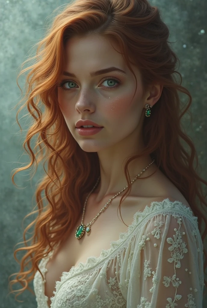 Alluring elegant redhead lady wearing melting wet colorful wax headband lace shirt, perfect composition, perfect body, no mistakes, perfect iris, forestall background, uhd, focused, autumn-winter, very long flowing leased chocolate hair, jewellery , soft