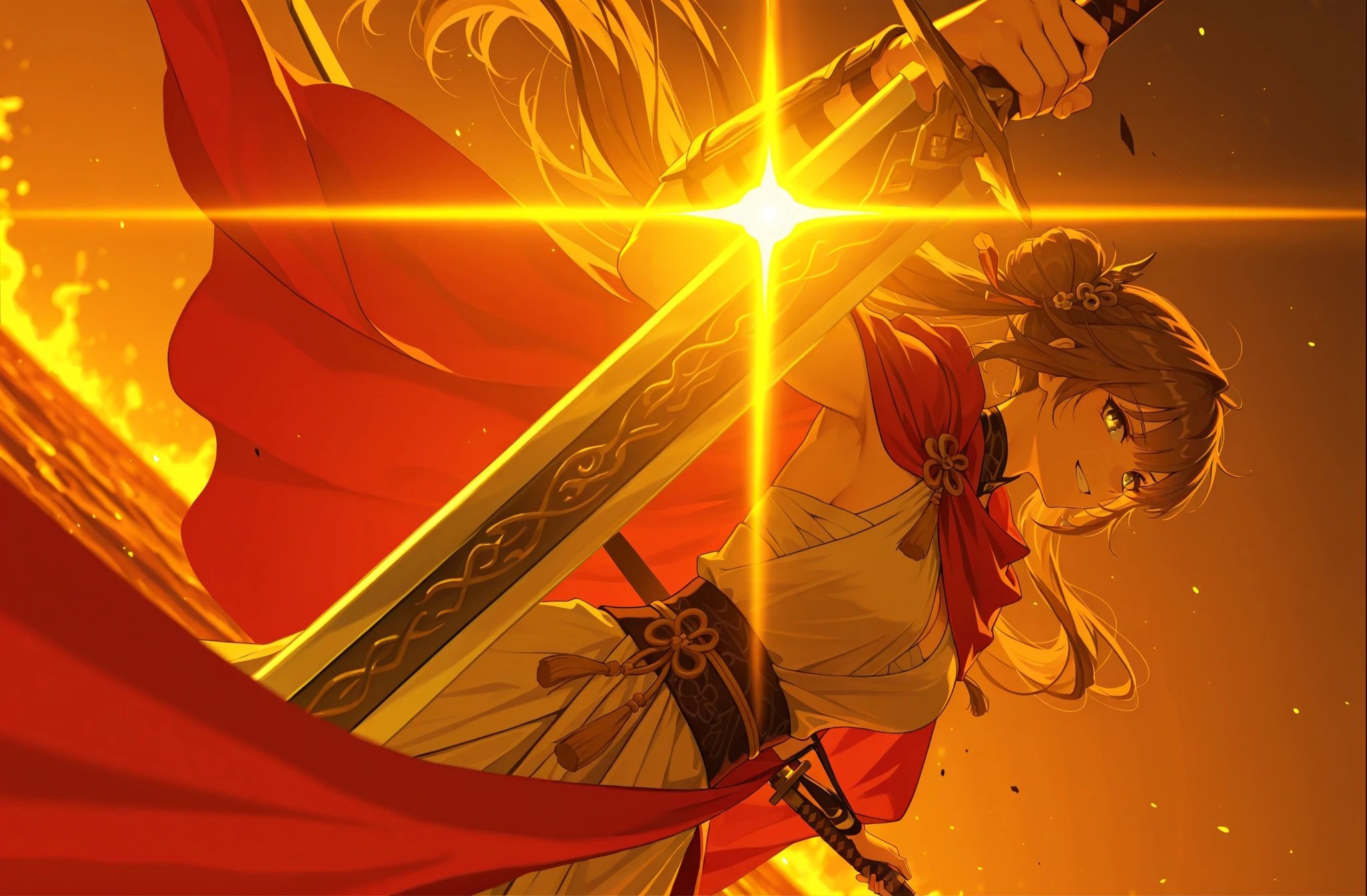 style of [arknights|(748cmstyle:0.88)], god rays, cinematic shot, masterpiece, best quality, amazing quality, very aesthetic, high resolution, ultra-detailed, absurdres, (hands:-0.15), (1girl, mature woman, female:0.95), solo, alone,(dynamic pose, upper body focus, dutch angle, three quarter view, face focus, cowboy shot:1.2) ,(Sushang, Sus_Def:0.63), brown hair, silver hair, long hair, twin tails, hair ornaments, bows, heavy Chinese weapon, Chinese style greatsword, Chinese katana, Chinese swords, high guard, holding weapon high, grin, smirk, playful eyes, (greco roman clothes, sash, toga, greek clothes:1.22), glass ocean, half submerged, burning sea, red sharp cape, draped cloth over weapon, golden eyes, silver eyes, (translucent hair:1.55), novuschroma79 style, glitch art photo
BREAK, depth of field, volumetric lighting
 