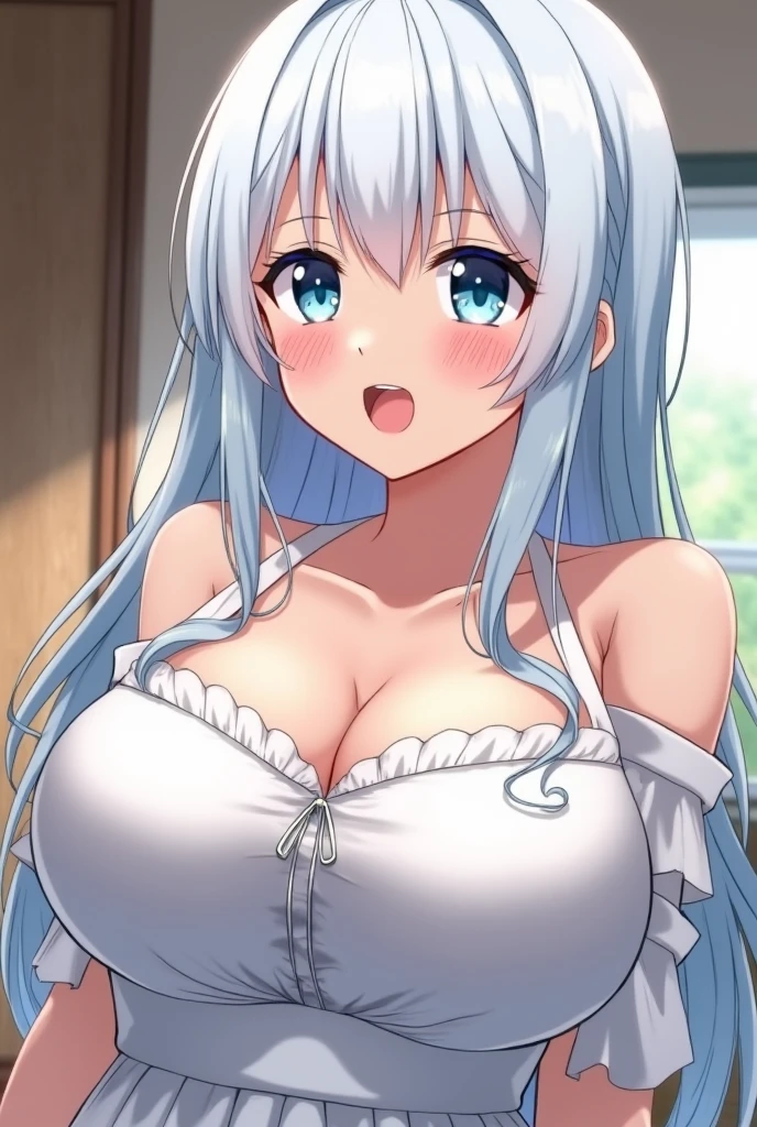 One girl, Blushing, Open your mouth, Gray Hair, Long Hair, Large Breasts, blue eyes, Sticking out tongue, Drooling, Simple Background, ribbon,  anime, naked