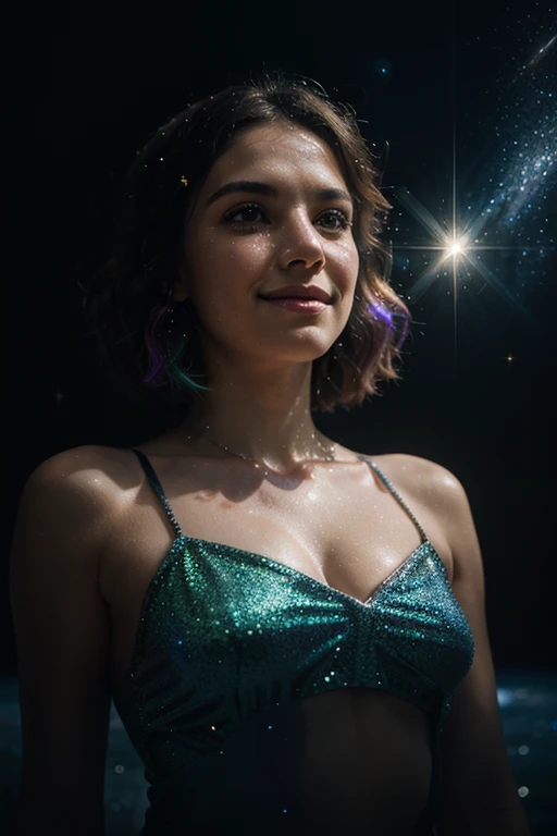 1girl, smile, iridescence, dramatic angle, space, (floating colorful sparkles:1.3), Dramatic Lighting, Chiaroscuro, Evocative Depth