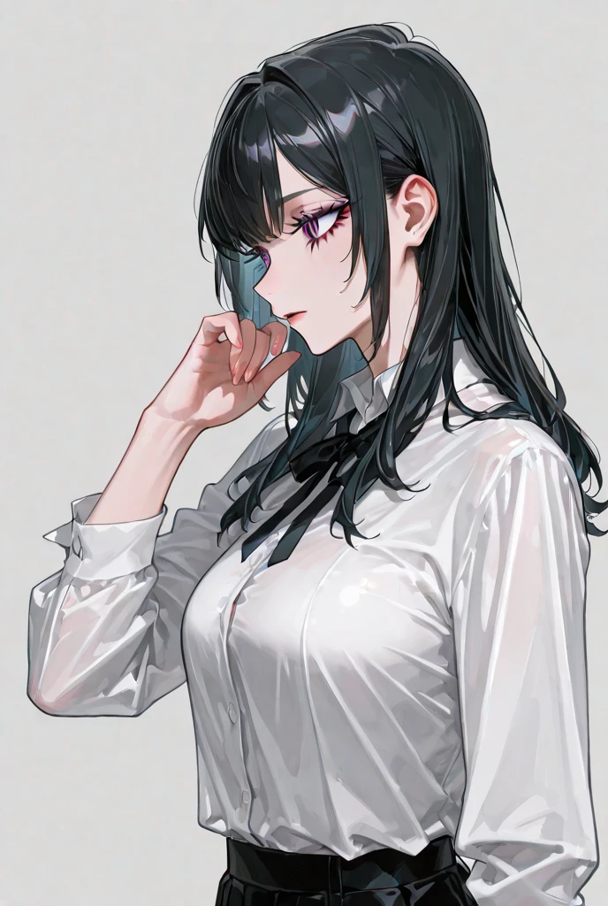 (masterpiece:1.5, best quality), (1lady, solo, upper body:1.2), black hair,purple dip-dye hair , forehead , purple eyes, Swallowtail butterfly head, Shinobu Kocho from “Demon Slayer”, black lab coat, a laboratory in the background, sit down on the chair, looking at the camera, white dress shirt, button-up shirt ,all buttons fastened, button on the neck fastened ,skinny body, short height,close cloth, ,nsfw,(ecstasy:1.3) ,(slut:1.2),(vulgarity:1.3),(fucked silly:1.1),(steam:1.1),(wet:0.8),(trembling:0.8),(tears:0.7) ,(drooling:0.6),(sweat:0.8), open mouth.