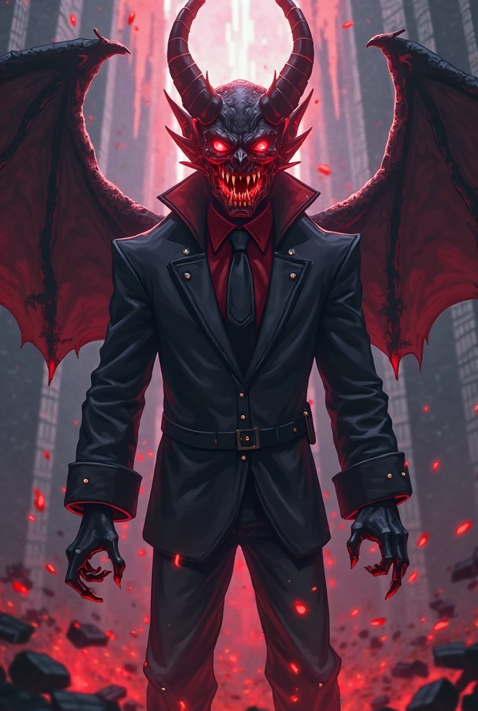 The image is anime style with shadows and dim lights, anime style although somewhat adult and dark, It shows a young 30-year-old man with skin that has some scales and fragmented parts that reveal fire inside.. He wears a dark brown trench coat, a worn black hat with a white feather on the side that looked ancient and black leather gloves. He has piercing crimson eyes, flaming and frightening. Wear leather boots. The background of the image is a black wall. Black wings spread out behind his back. The floor is made of a beautiful quartz