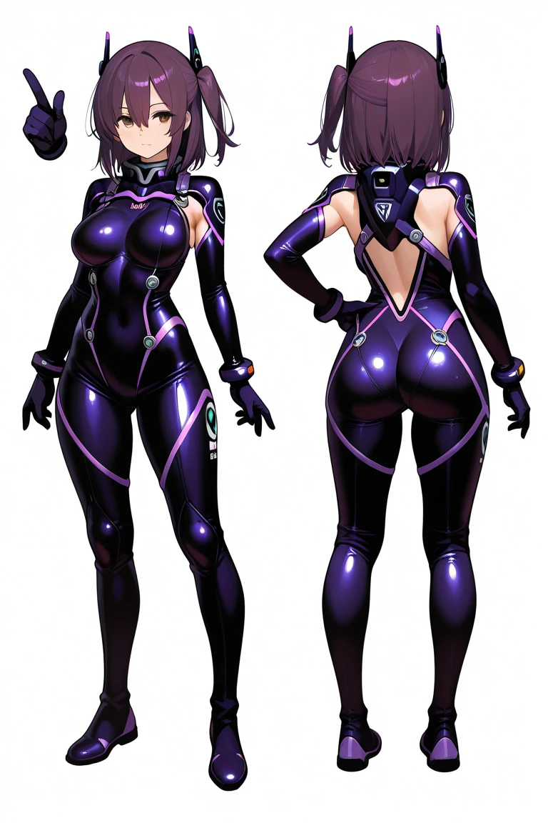 female, black long hair with magenta trim, silver eyes, wolf ears, wolf tail, (((1girl))), (((black full body skintight tactical bodysuit))), (black tactical belt), (black thigh high military boots), (black gloves), cute and sexy, full body, large breasts, long legs, smiling