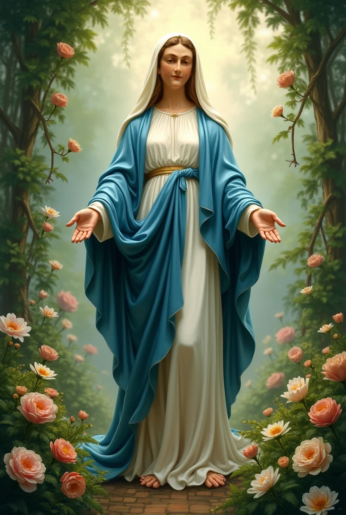 Highest quality, expensive_solve, clear_image, Detailed Background ,a very beautiful Virgin Mary, Halo, Reddish beige tunic, Blue cloak and veil, flower,garden,moon,
