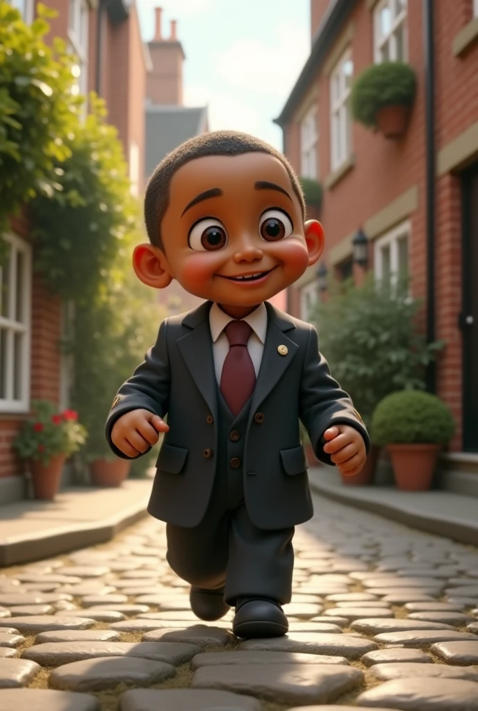 Shawt,a black man,in a black suit,walking down a dirt road,pixar art style⁹