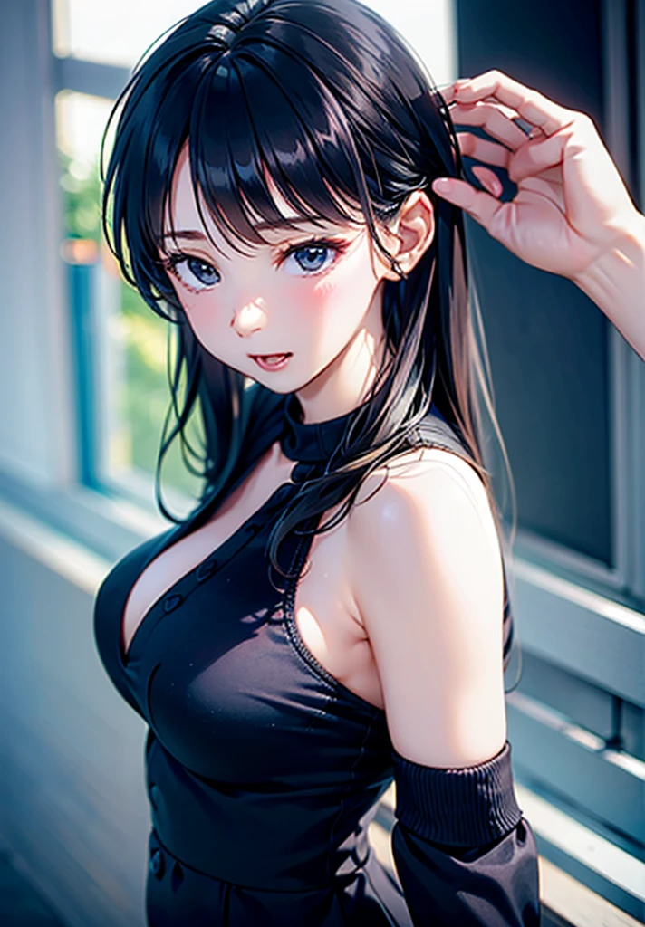 Very detailed CG, beautiful eyes, girl on stage, 1 girl, blue pupils, red face, slightly open lips, plump and symmetrical breasts, raised buttocks, white tight dress with black and green lines on both sides, black leg socks, white high heels, long purple hair, perfect leg curve, chest close-up, buttocks close-up, detailed clothing, futuristic, technological, dynamic angle, flowing, 8k wallpaper, masterpiece, best quality, super detailed, best lighting, best shadows