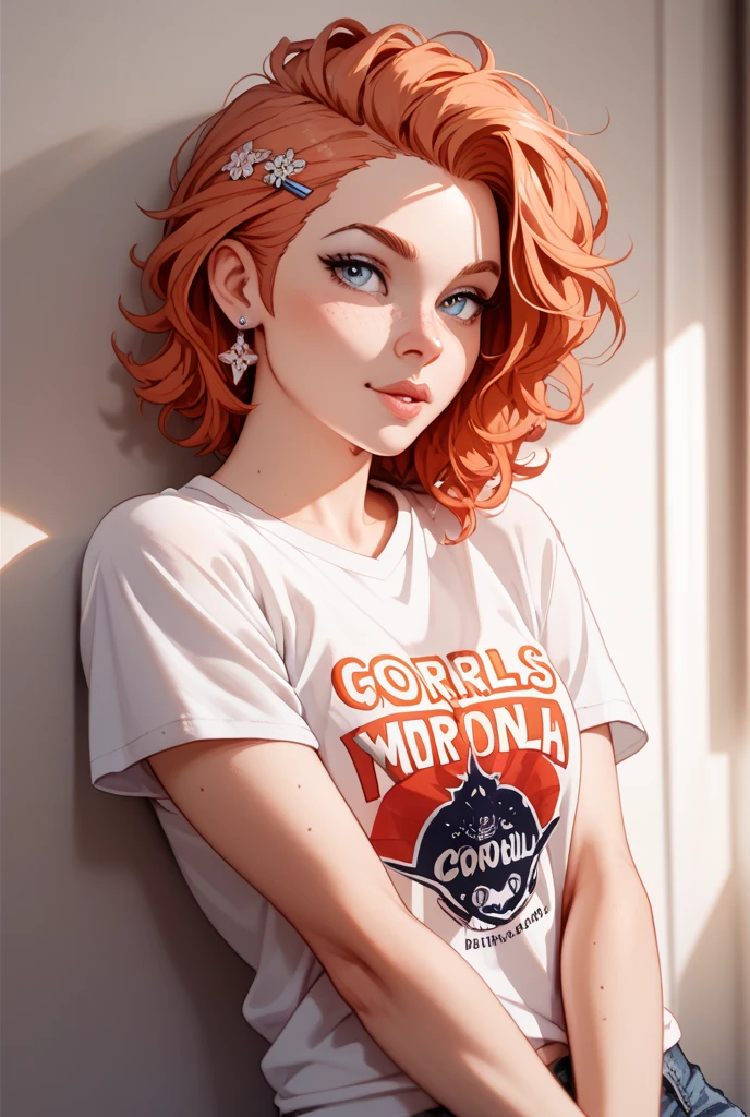 (masterpiece), best quality, 1female, 23 years old, she has short flowing light RED hair, hair straight, (short hair: 1.5), (red hair: 1.35), (messy hair), red eyebrows, (brown eyes: 1.35), (large breasts: 1.35), huge breasts, (thick thighs), wide hips, big chest, curvy girl, well shaped body, (white skin: 1.35), (((wearing sport clothing, black shorts and white baggy t-shirt))), (((plain t-shirt))), (loose t-shirt: 1.35), (living room, home, warm light background), (detailed background), 8k quality, wallpaper, high quality, Cinmatic lightning, happy, gentle face, expressive face, (detailed face), the face is well lit, (detailed eyes), beautiful eyes, (half-closed eyes), (grinning), big smile, (centered,scale to fit dimensions,Rule of thirds), highres,sharp focus,(ultra detailed,extremely detailed),(photorealistic artwork:1.37),(extremely detailed CG unity 8k wallpaper),(((vibrant colors,vibrant theme))), (white t-shirt: 1.35), sexy girl
