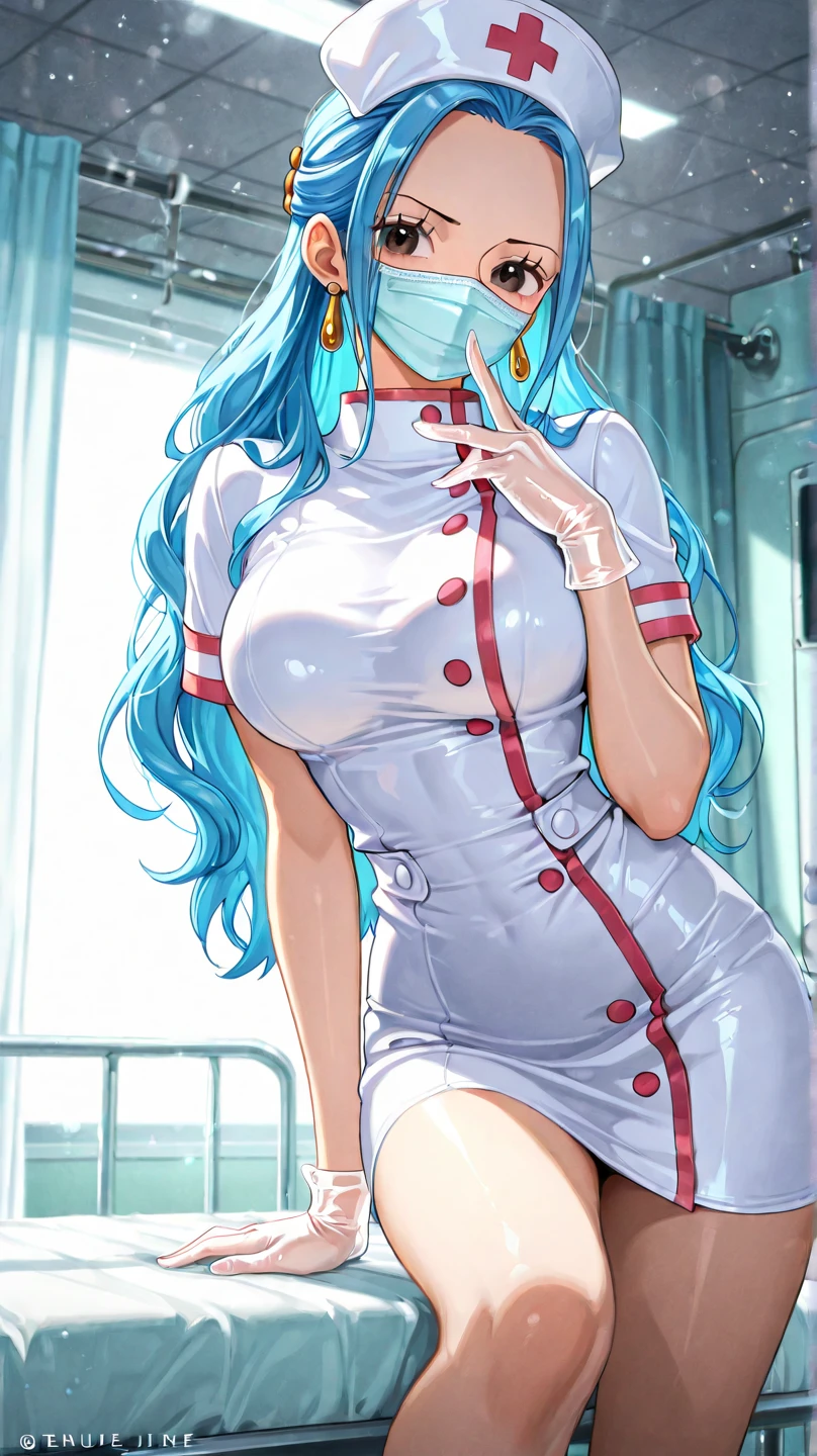 masterpiece, excellent quality, high quality, 1girl, looking at viewer, mature woman, upper body, tall female, standing, (reaching towards viewer, pov from below lying in bed:1.4), (pink hair, bangs, very long hair, braid, sidelocks, hair over shoulder, hair clip:1.2), straight hair, eyelashes, cute face, detailed face, detailed eyes, eyelashes, blue eyes, seductive smile, detailed lips, huge breasts, cleavage, skindentation, (white nurse, white gloves, white pantyhose:1.2), indoors, hospital room, curtains, bed, flower vase, window with scenery