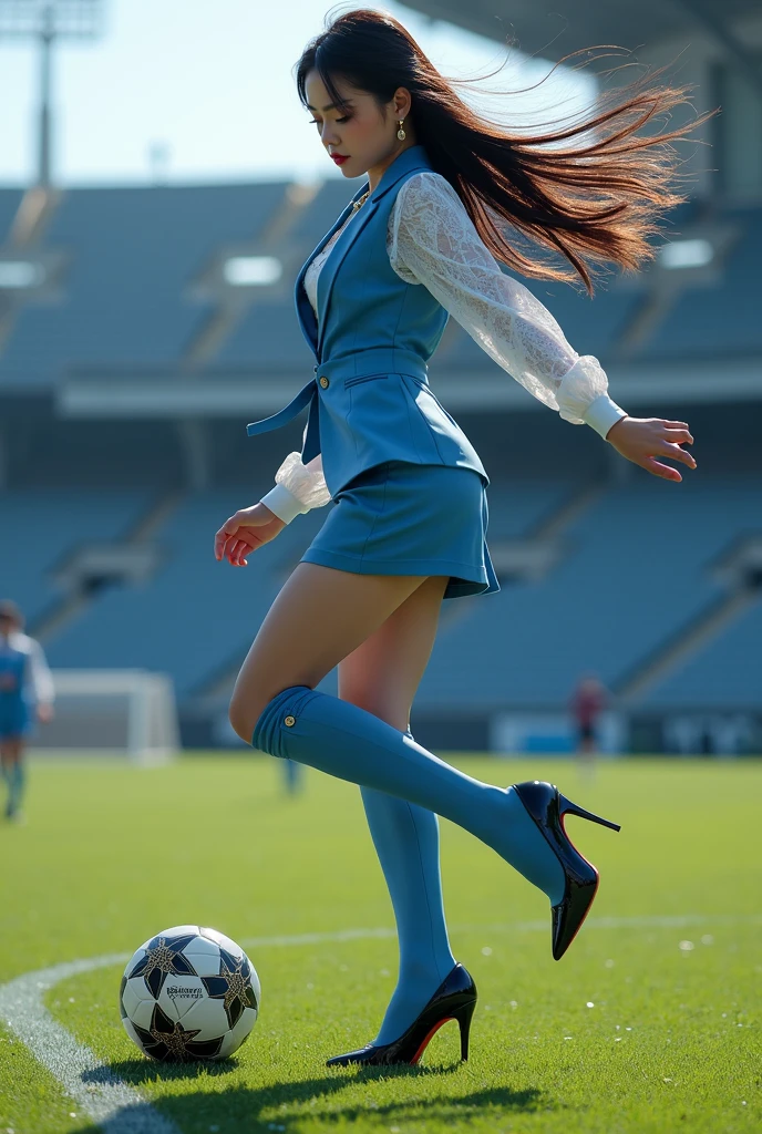 ((Best Quality, 8k, Masterpiece: 1.3)), 1 girl, smile, full body, slim face, pretty woman, (dark brown hair), military uniform: 1.1, (((sporty pose))), extra long legs, super detailed face, detailed eyes, double eyelids, tank, blurred background, slim face, battlefield background, particles, full body,