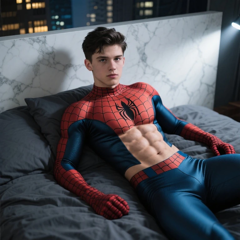 a sexy spiderman man, only with mask and boxers, that it looks sexy, in her room. in position 4 showing the rear
