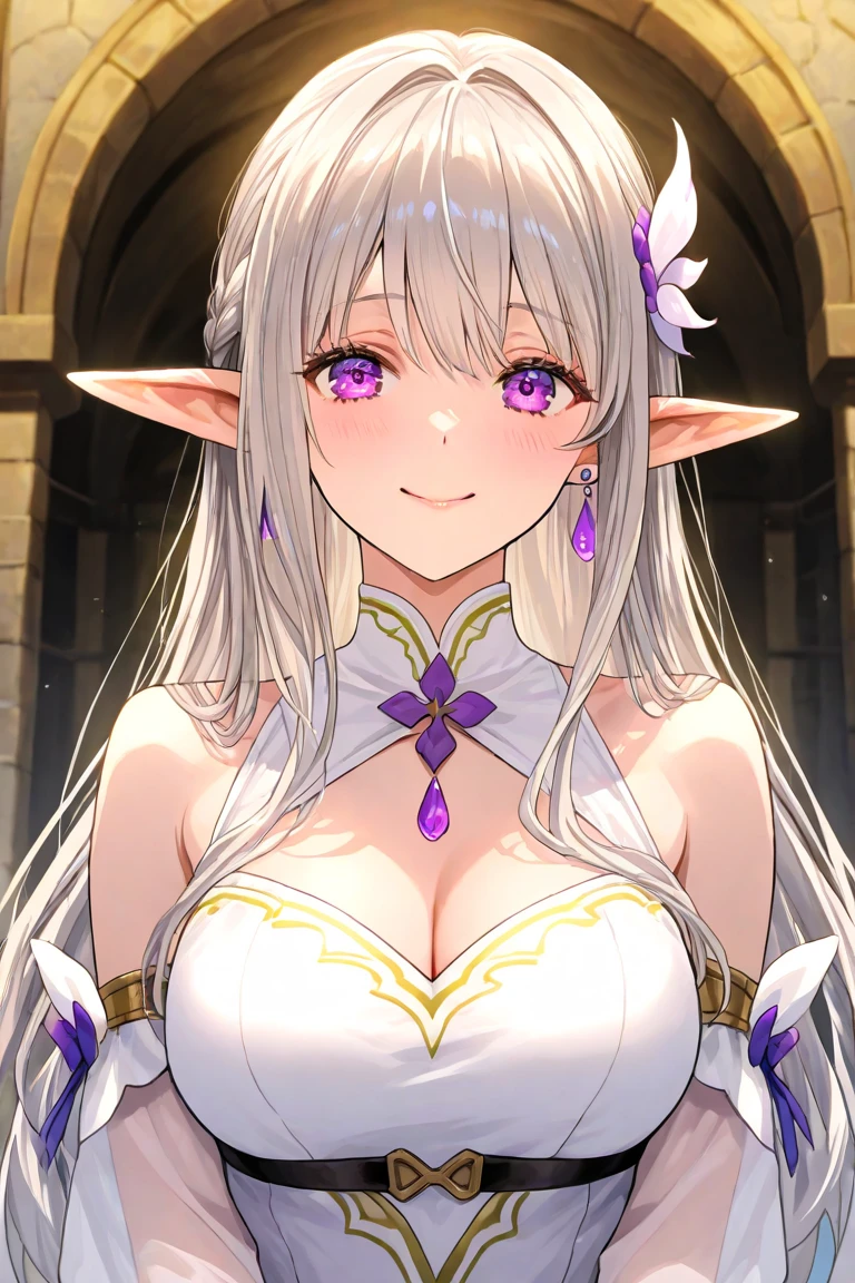 Lian, long white hair, long elf ears, hair stick, bangs, blue eyes, solo, smiling, standing, upper body, hips, bare shoulders,purple thighhighs,violet dress, gold jewelry,armor,gloves,circlet, cleavage, red and gold royal castle, gigantic breasts, (best quality, masterpiece, beautiful and aesthetic:1.2, highest detailed face, perfect face,) eyes, perfect face,expressive eyes,
looking at viewer, in the center of the image,(Upper_body),(Focus on her face),
official art,extremely detailed CG unity 8k wallpaper, perfect lighting,Colorful, Bright_Front_face_Lighting,shiny skin,
(masterpiece:1.0),(best_quality:1.0), ultra high res,4K,ultra-detailed